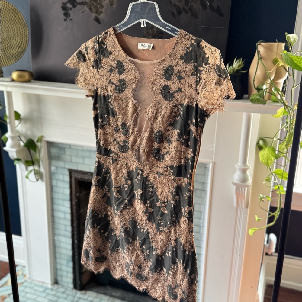 Storia Black and Gold Lace Mini Dress